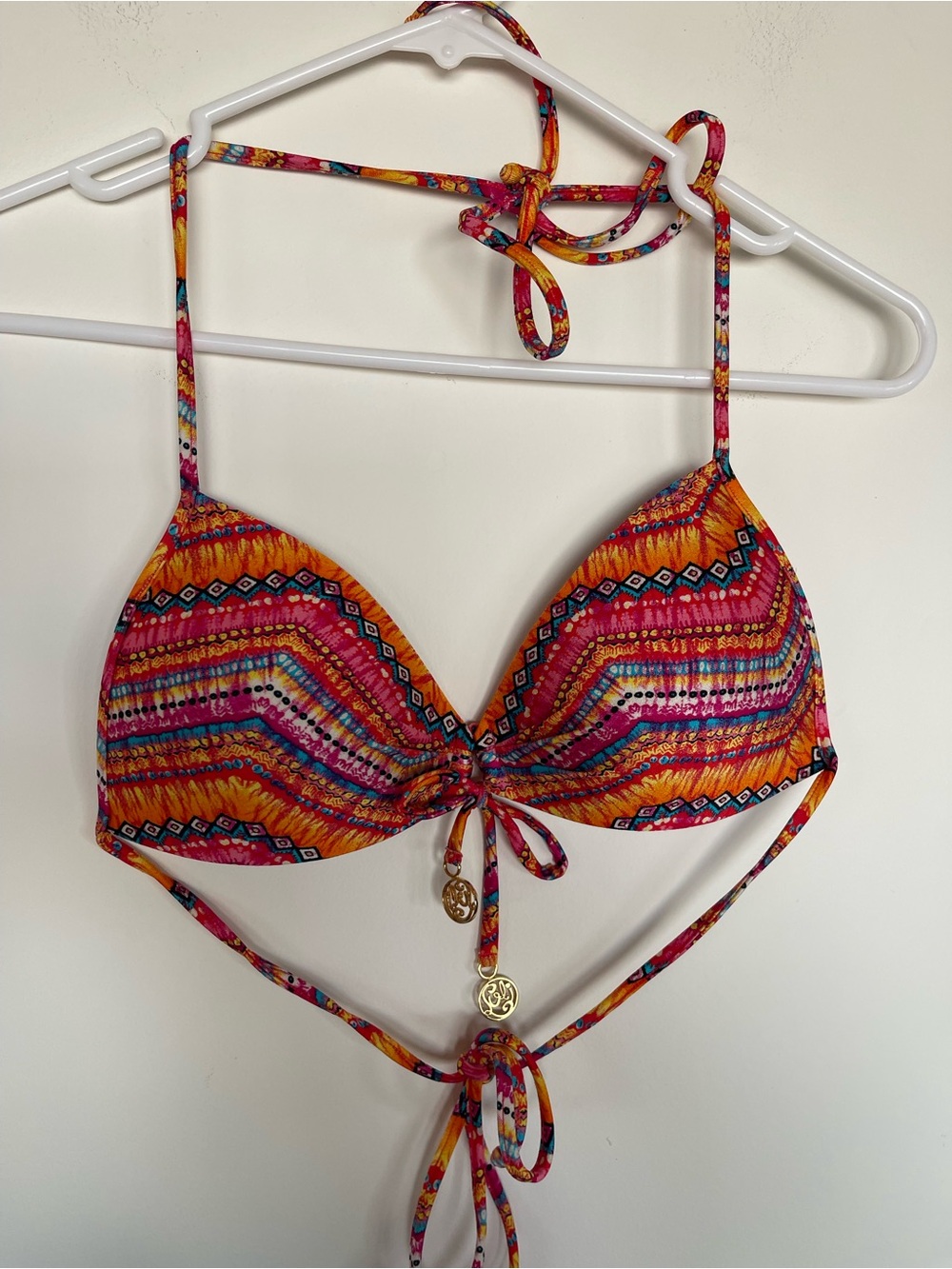 Luli Fama Bikini‎ Top Push Up Bra Orange Red Halter Tie Bathing Suit Top